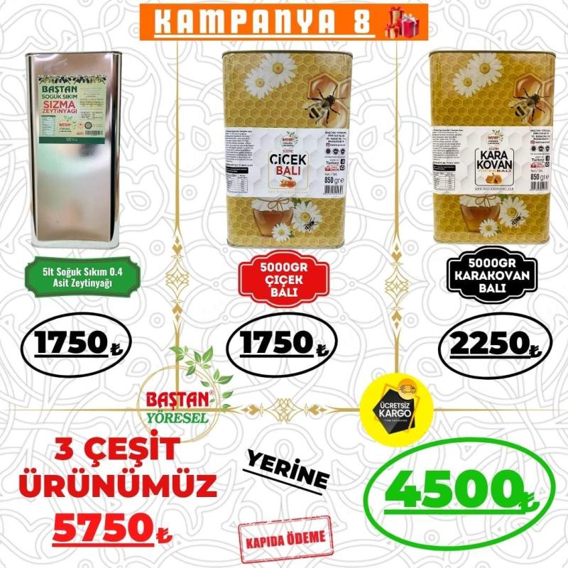 Baştan Yöresel Kampanya 8 - 5lt Zeytinyağı, 5kg Çiçek Balı ve 5kg Karakovan Balı Paketi ürün görüntüsü
