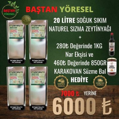20litre Soğuk Sıkım 0,4 Asit Sızma Zeytinyağı - 1kg Nar Ekşisi ve 850gr Karakovan Süzme Bal Hediyeli 🎁(Ayrıca Sürpriz Hediyeli ‼️)
